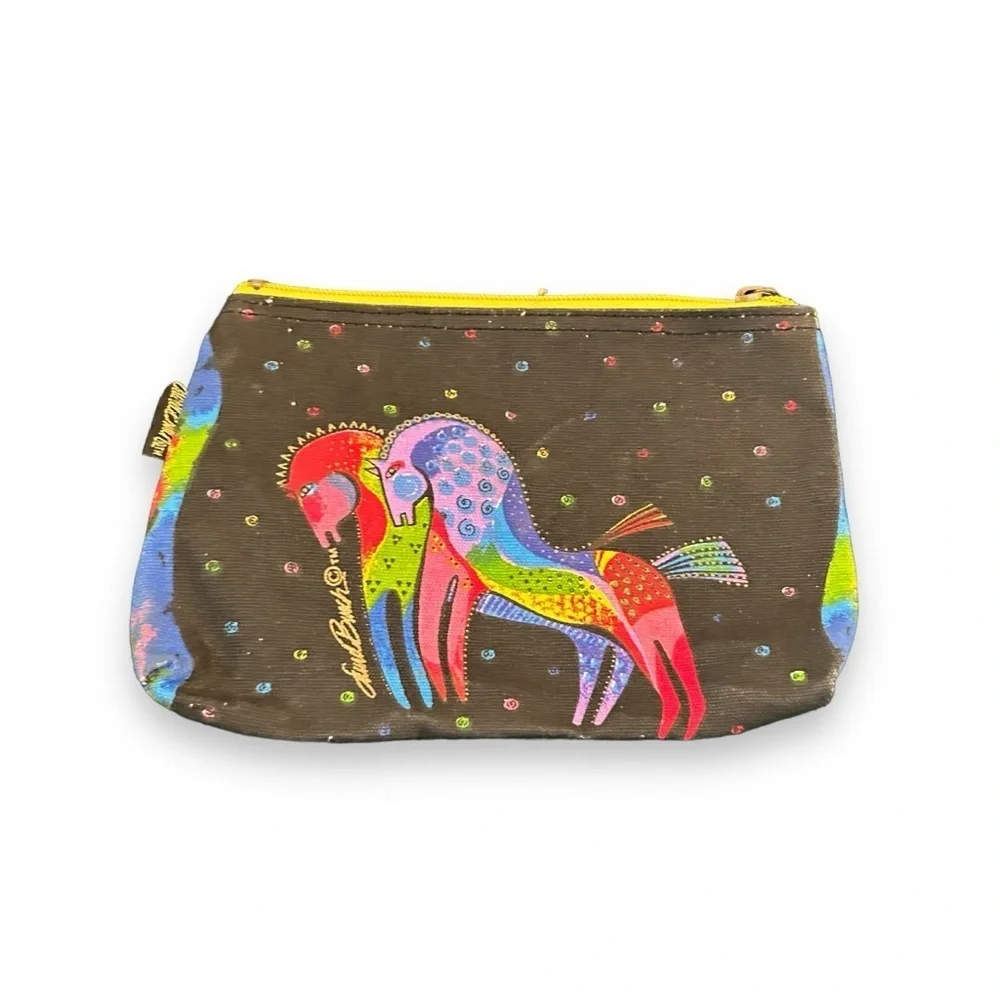 Laurel Burch horse printed canvas zip mini bag makeup bag clutch pencil‎ pounce